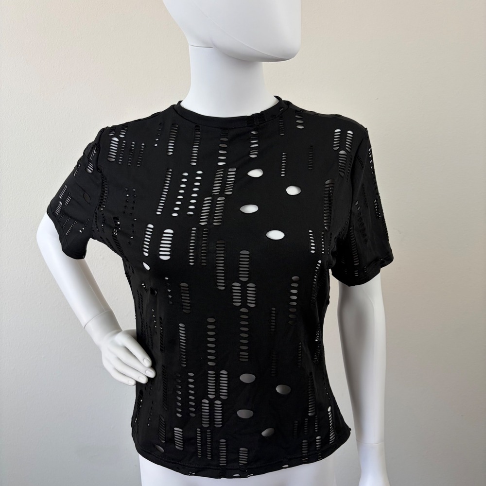 Black Laser Cut Out Perforated Short Sleeve Top XL Grunge Edgy Distressed